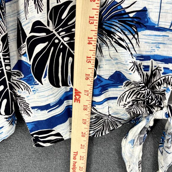 C&C California Top womens Large Blue crop front tie button beach Hawaiian Blouse - Picture 9 of 16